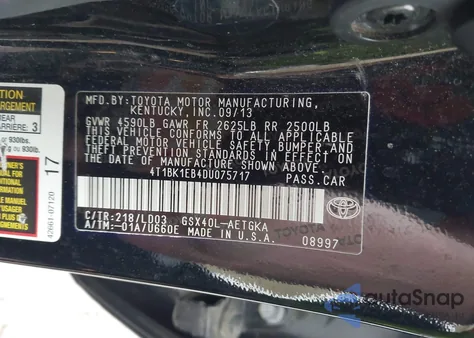 2013 Toyota Avalon Xle z USA, uszkodzony, nr VIN 4T1BK1EB4DU075717
